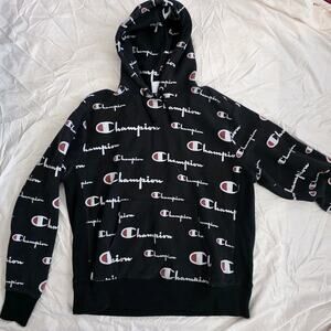 Vintage Reverse Weave Champion‎ All Over Logo Black Hoodie Size X-Large